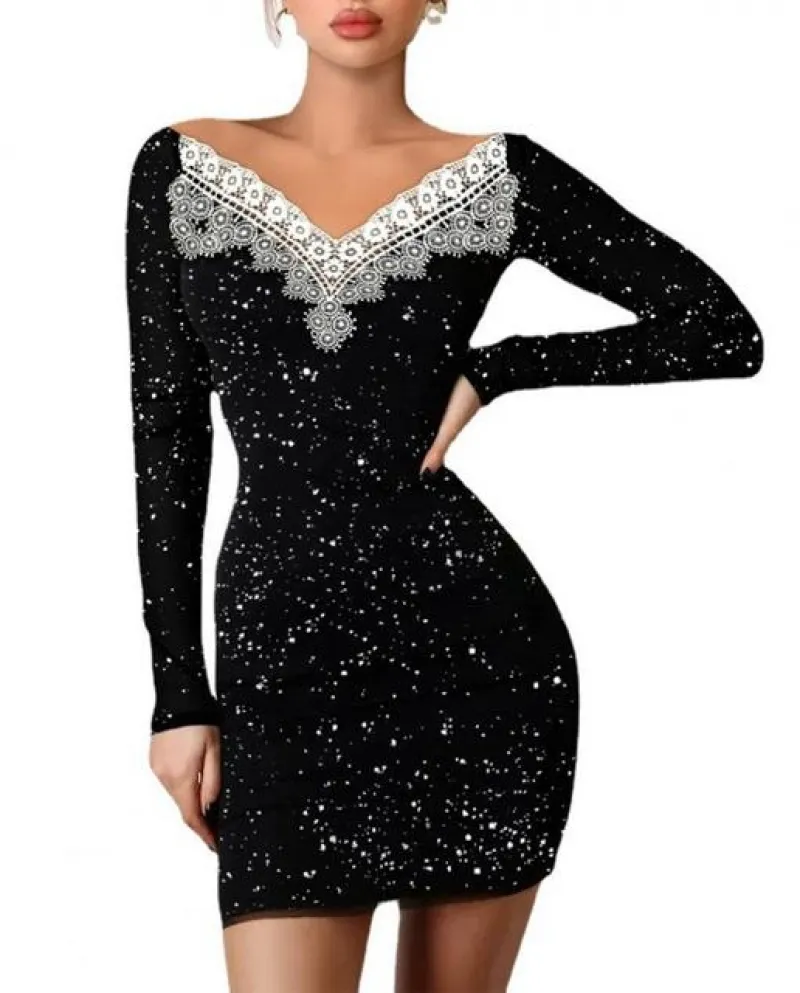 Abito da donna in pizzo con scollo a barchetta, elegante, elegante, retro, vestito nero