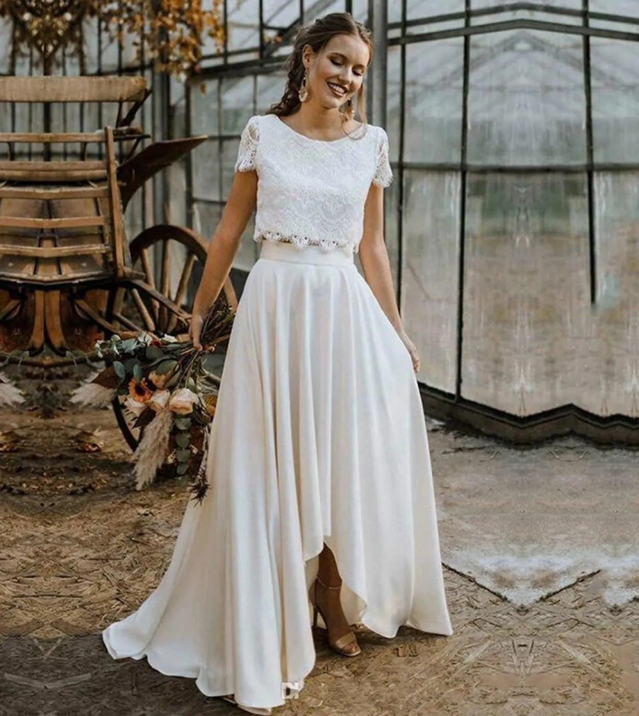 Abito da sposa in due pezzi stile Boho 2023 Abito da sposa a maniche corte con top in pizzo Girocollo Abito da sposa elegante da