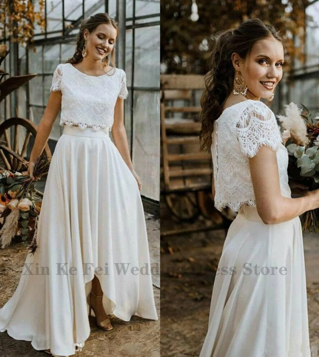 Abito da sposa in due pezzi stile Boho 2023 Abito da sposa a maniche corte con top in pizzo Girocollo Abito da sposa elegante da