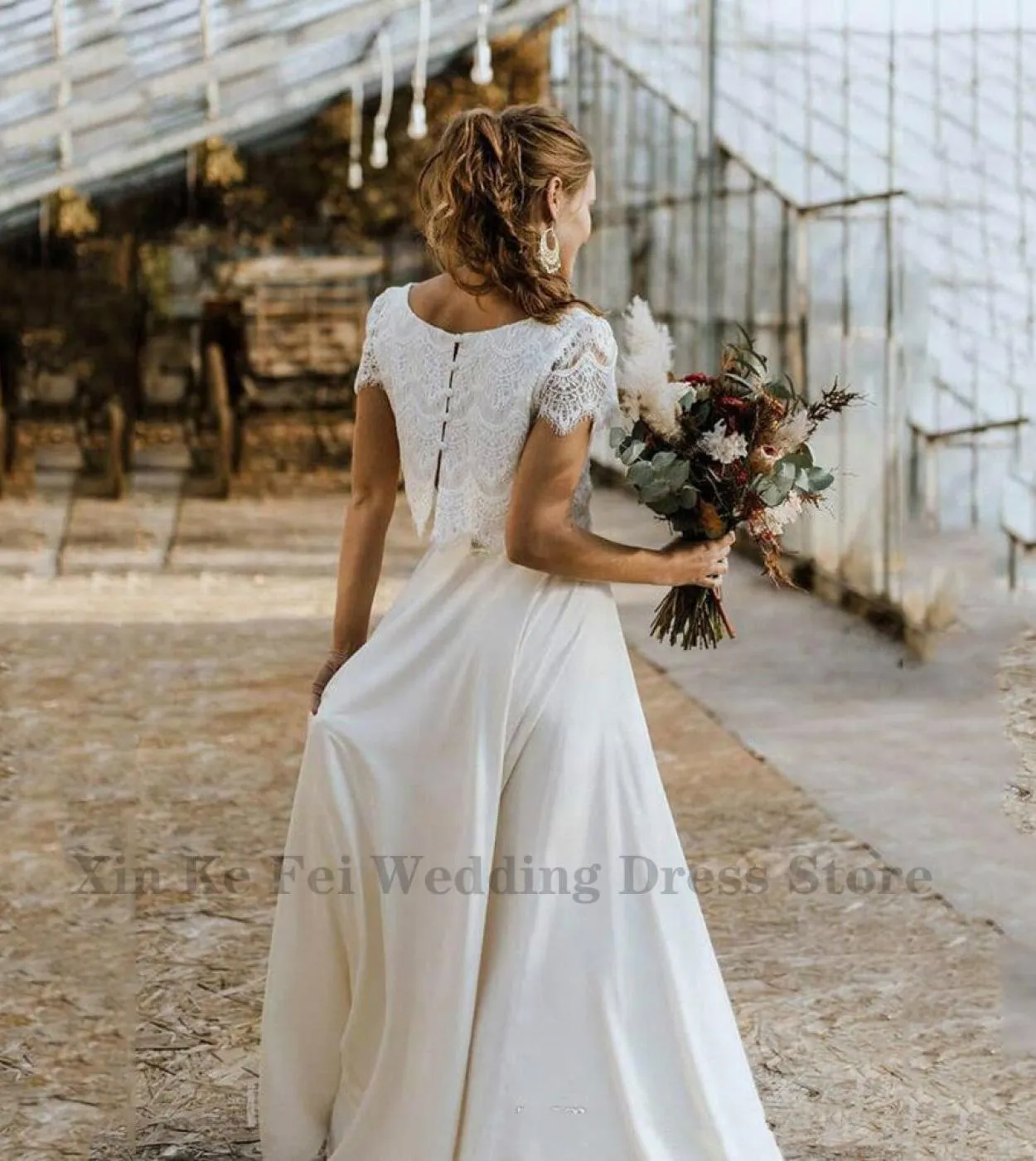 Abito da sposa in due pezzi stile Boho 2023 Abito da sposa a maniche corte con top in pizzo Girocollo Abito da sposa elegante da