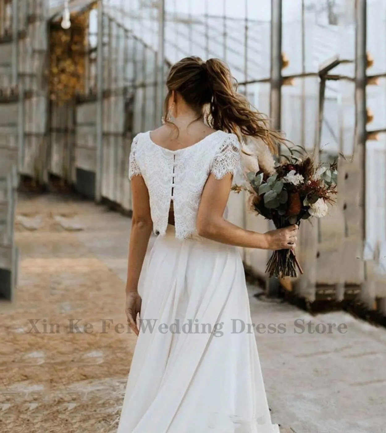 Abito da sposa in due pezzi stile Boho 2023 Abito da sposa a maniche corte con top in pizzo Girocollo Abito da sposa elegante da