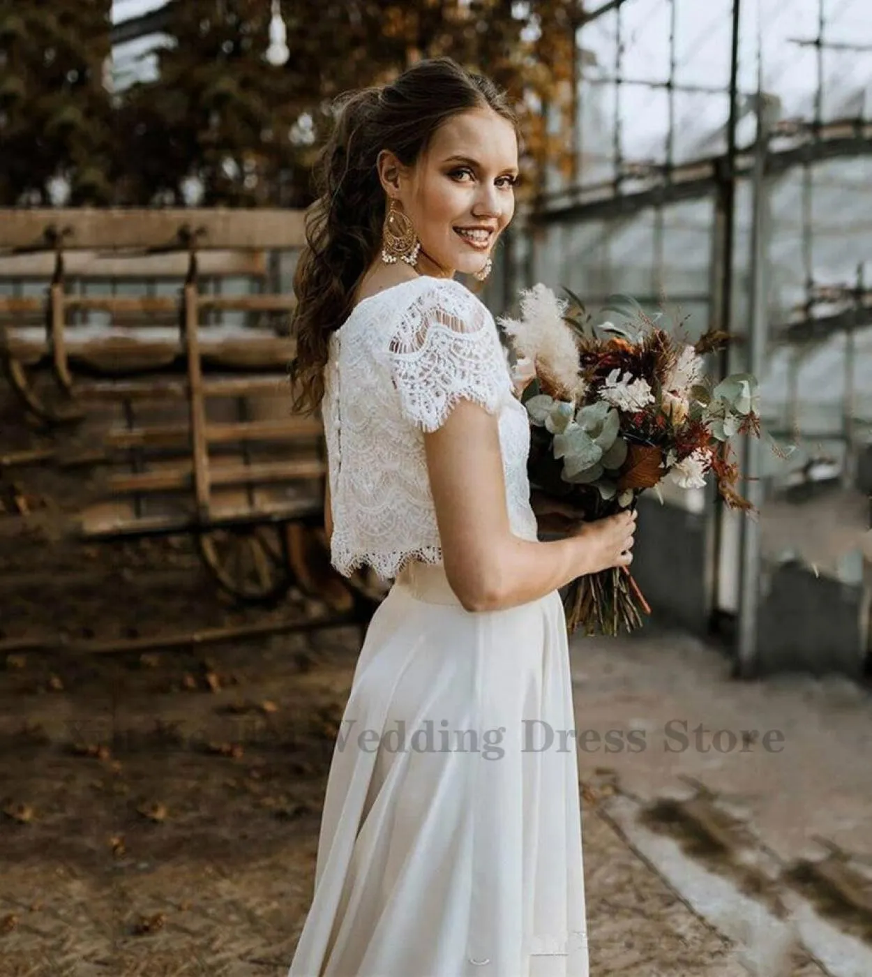 Abito da sposa in due pezzi stile Boho 2023 Abito da sposa a maniche corte con top in pizzo Girocollo Abito da sposa elegante da