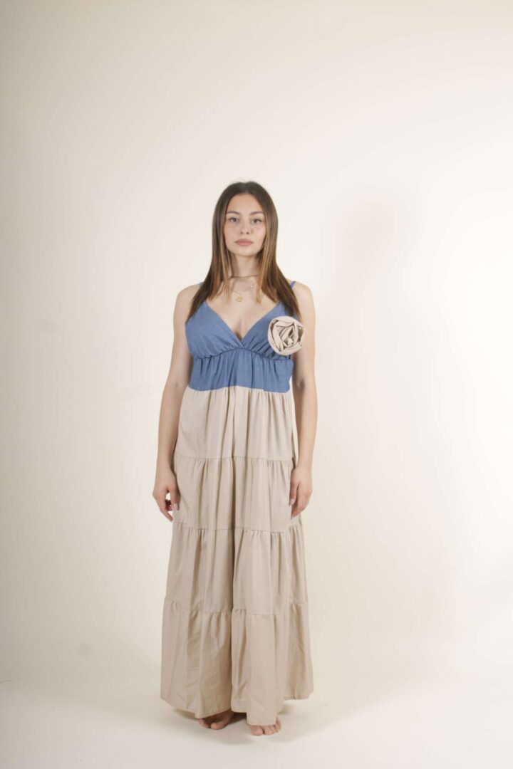Abito Lungo Cotone Fiore  – Beige