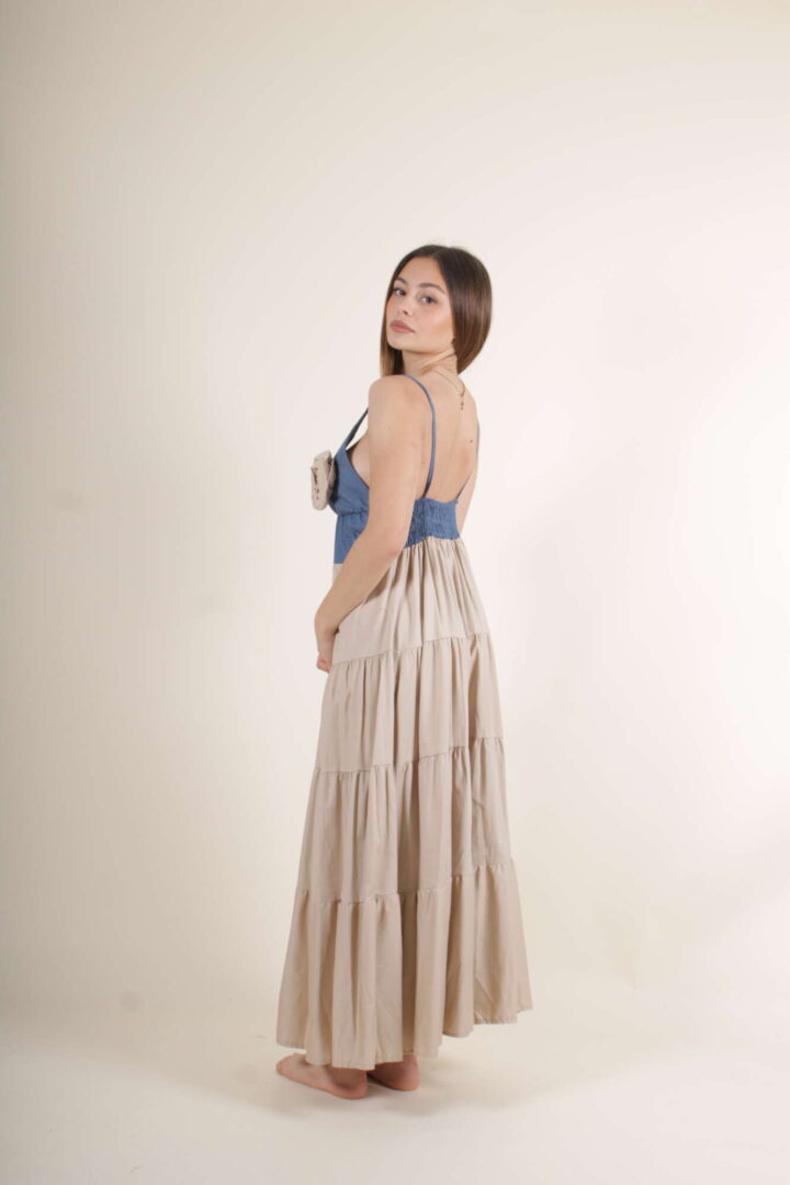 Abito Lungo Cotone Fiore  – Beige