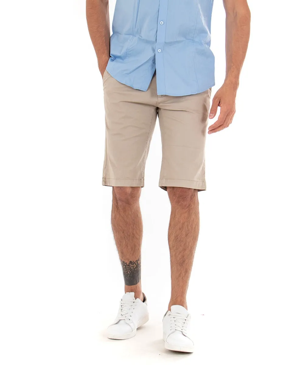 Bermuda Pantaloncino Uomo Corto Tinta Unita Beige Classico Tasca America Cotone Casual GIOSAL-PC1721A