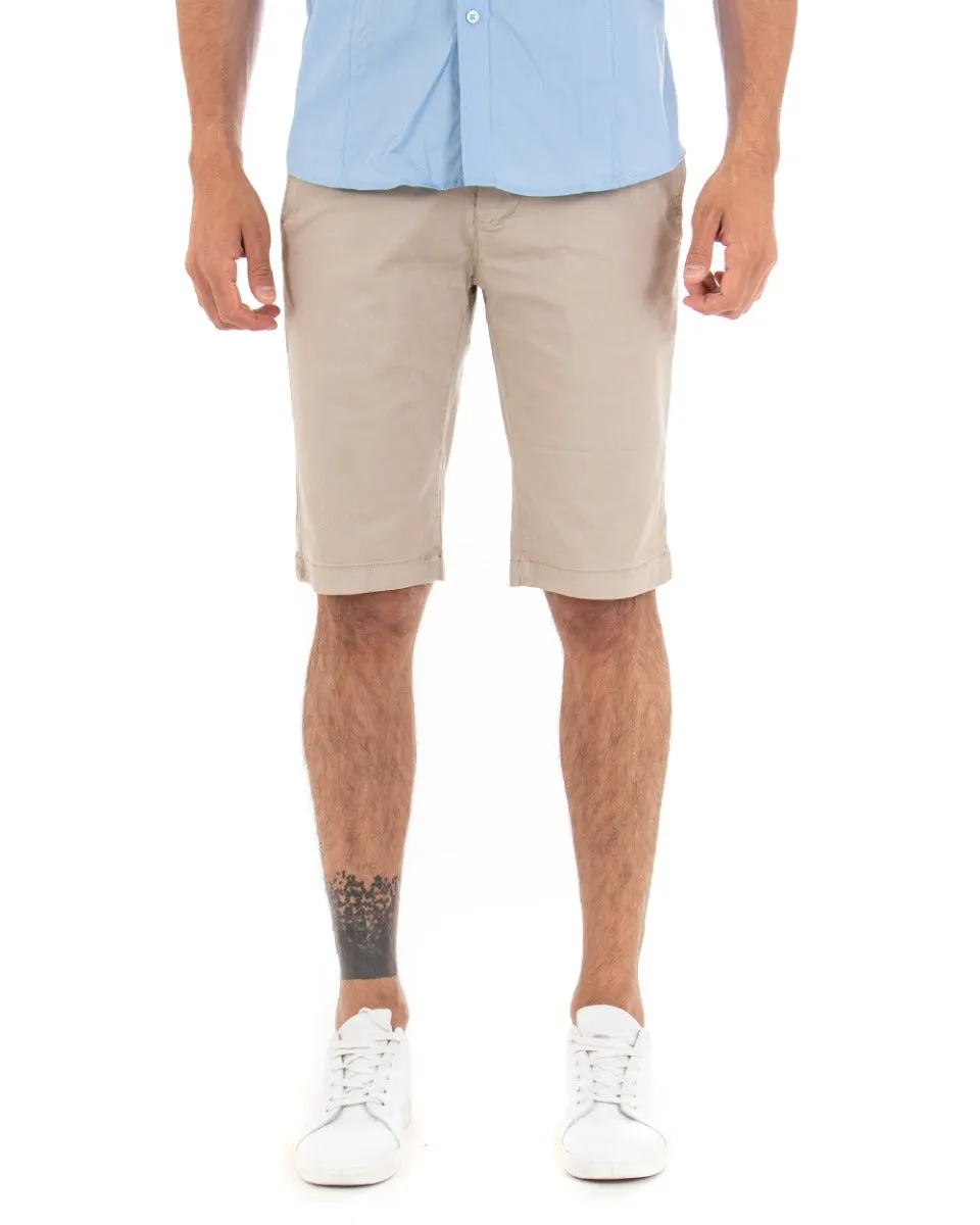 Bermuda Pantaloncino Uomo Corto Tinta Unita Beige Classico Tasca America Cotone Casual GIOSAL-PC1721A