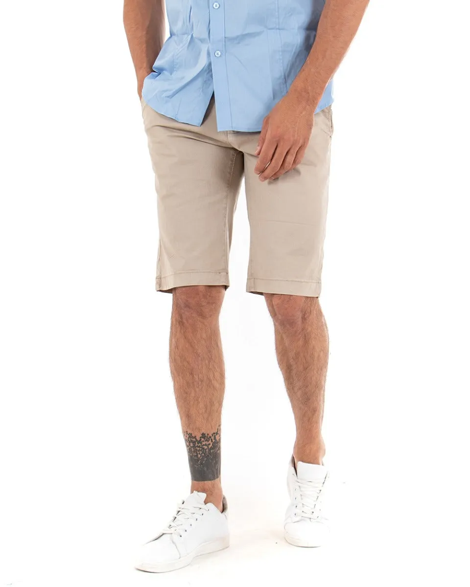 Bermuda Pantaloncino Uomo Corto Tinta Unita Beige Classico Tasca America Cotone Casual GIOSAL-PC1721A