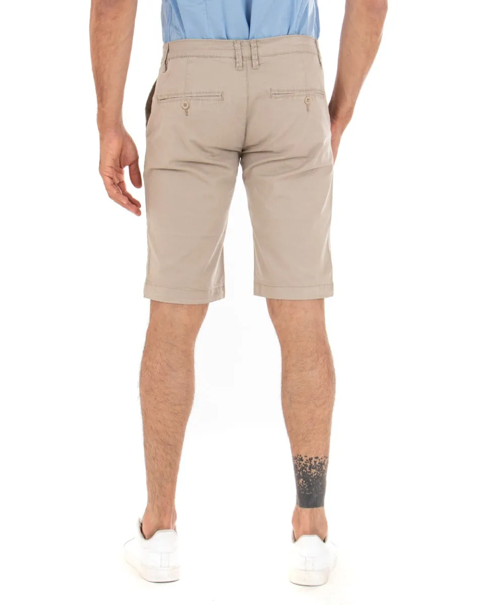 Bermuda Pantaloncino Uomo Corto Tinta Unita Beige Classico Tasca America Cotone Casual GIOSAL-PC1721A