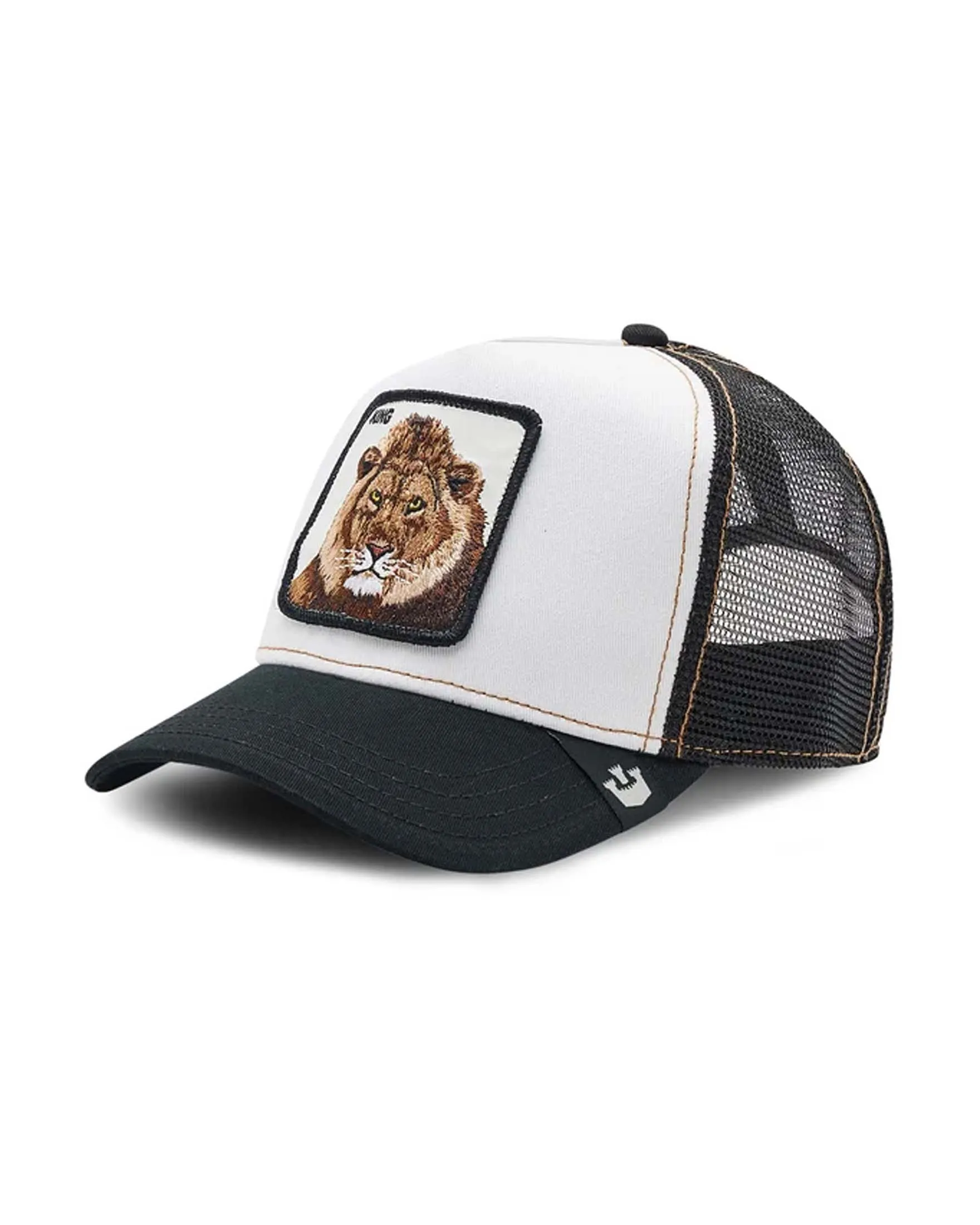 Berretto King Lion trucker bianco con patch leone e parte in mesh nera