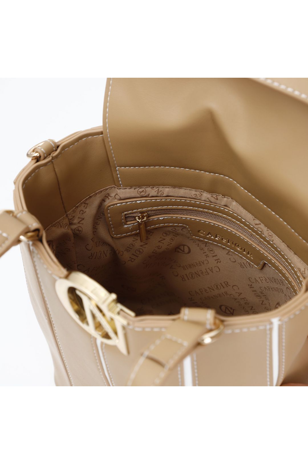 borsa a secchiello con accessorio cafènoir a contrasto cuoio