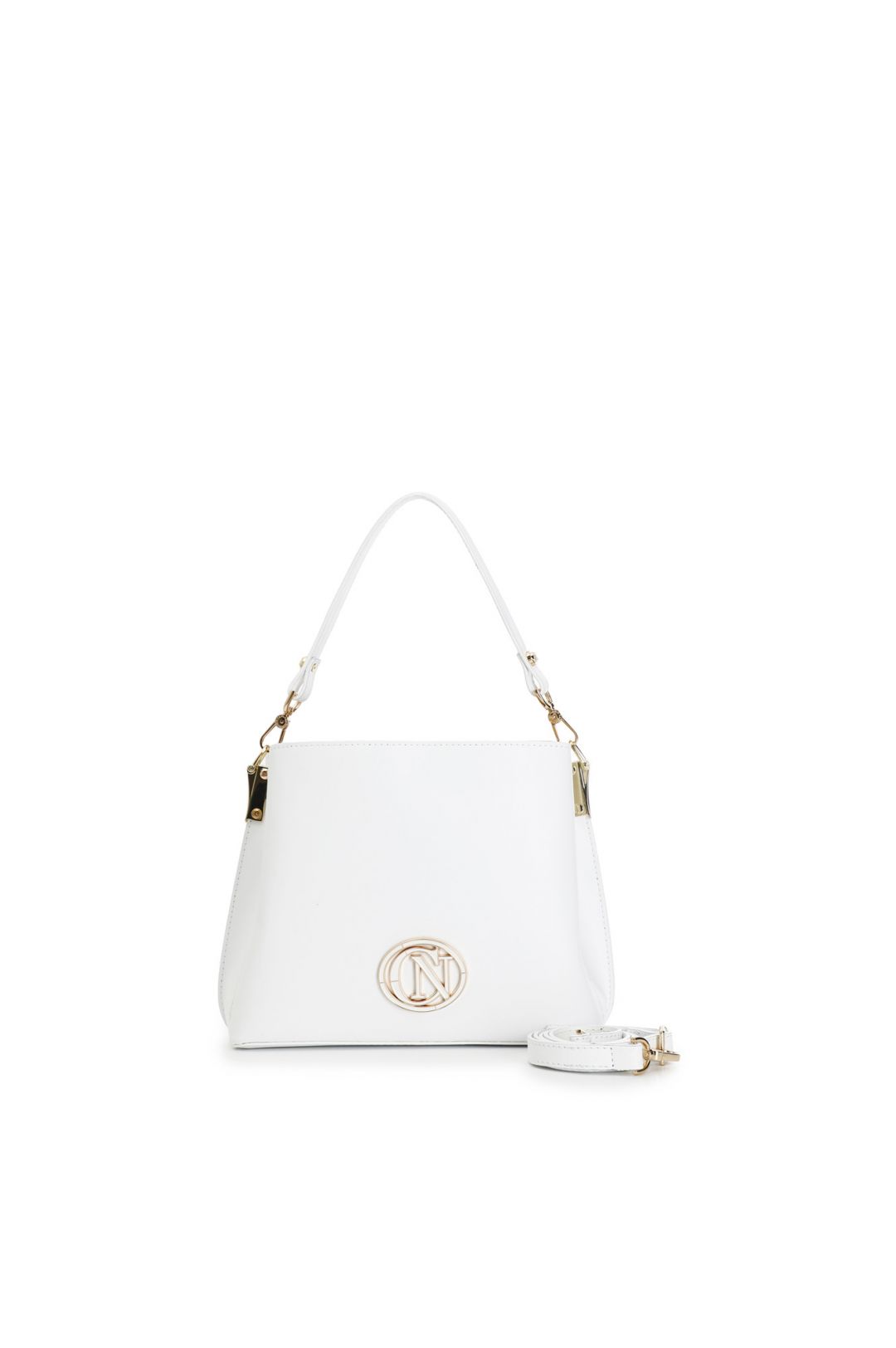 borsa a secchiello in pelle liscia con logo smaltato bianco