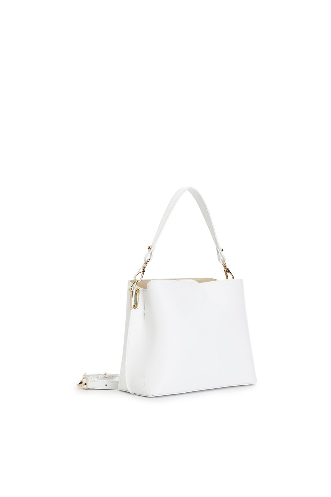 borsa a secchiello in pelle liscia con logo smaltato bianco