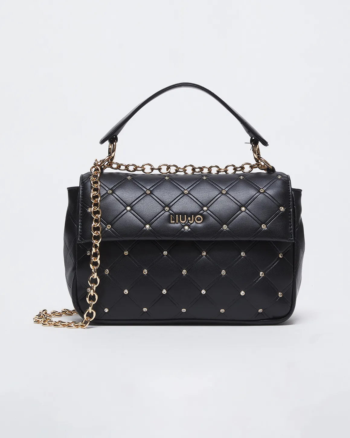 Borsa a tracolla con patta nera in similpelle trapuntata a rombi con strass applicati sul davanti e logo in metallo