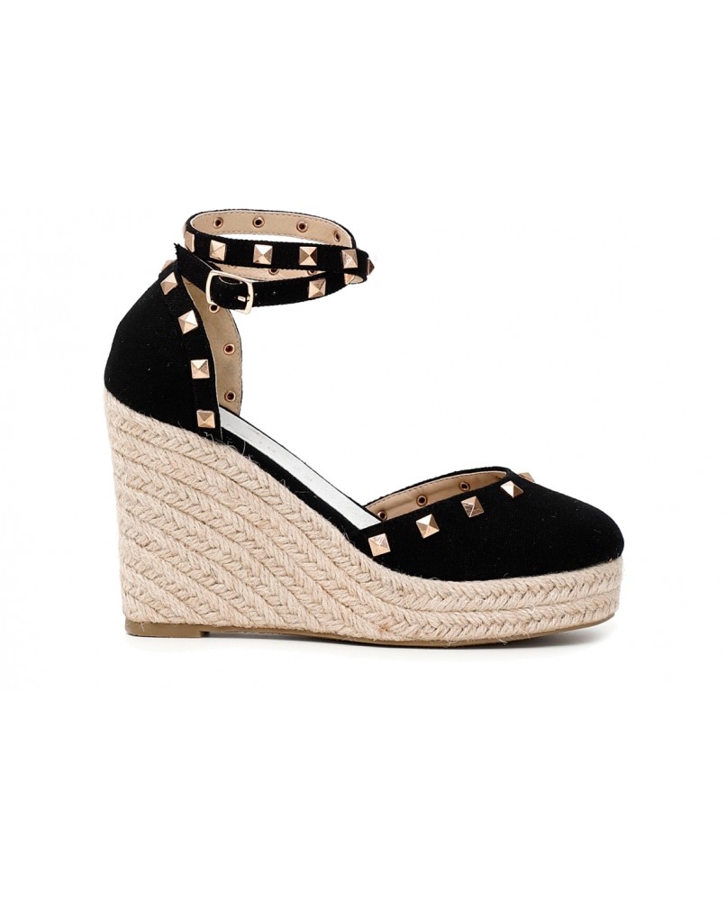 CAFENOIR HF9420 scarpe espadrilles zeppa donna canvas nero corda borchie