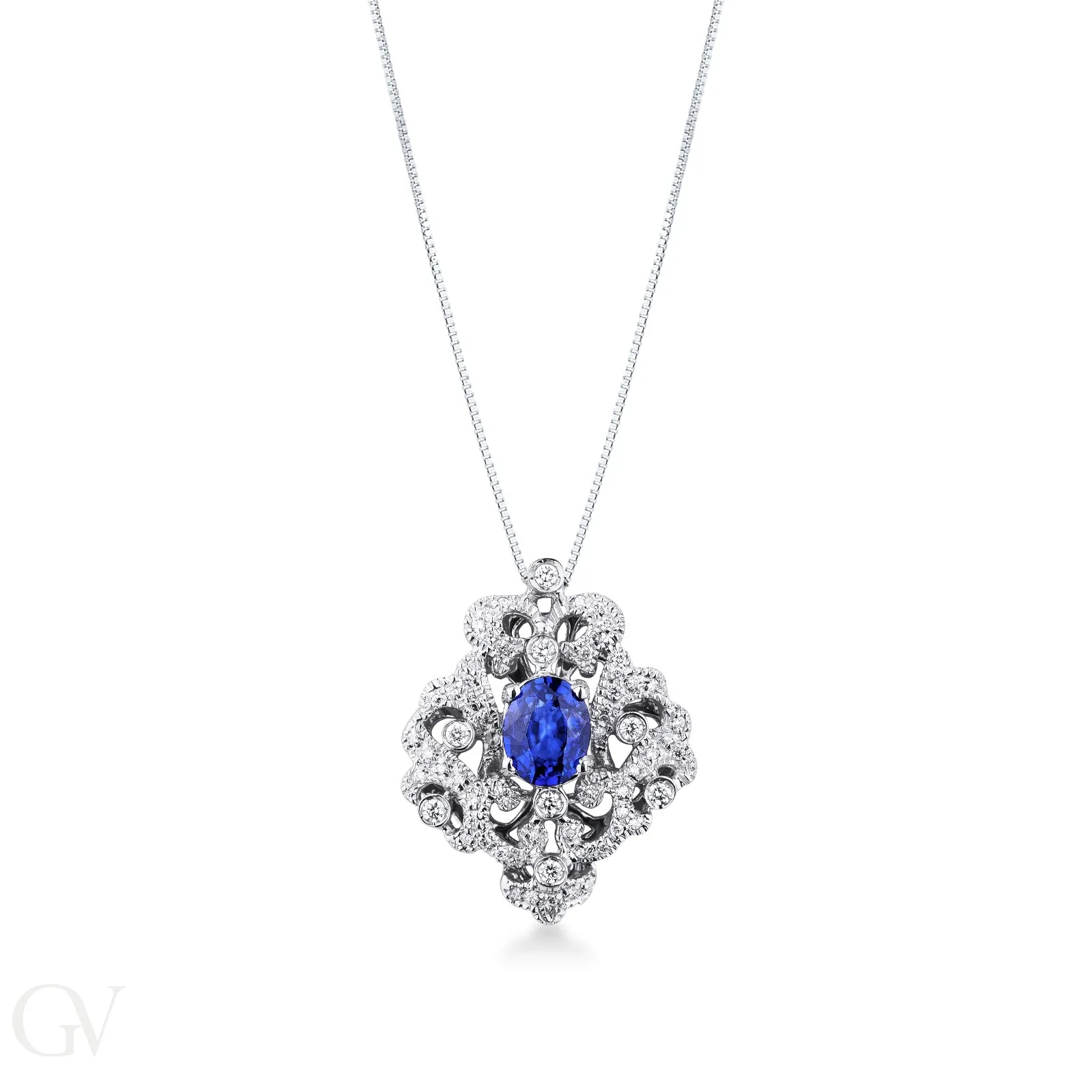 Collana in oro bianco 18k e pendente rosone con zaffiro blu ovale e diamanti a contorno