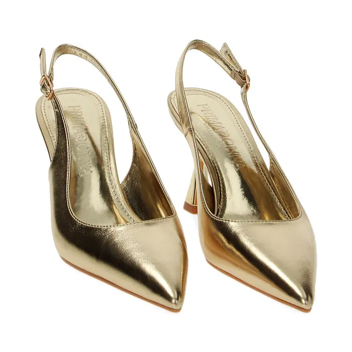 Décolleté slingback oro laminate, tacco 8 cm