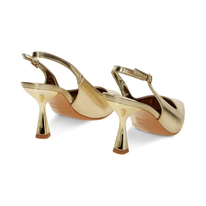 Décolleté slingback oro laminate, tacco 8 cm