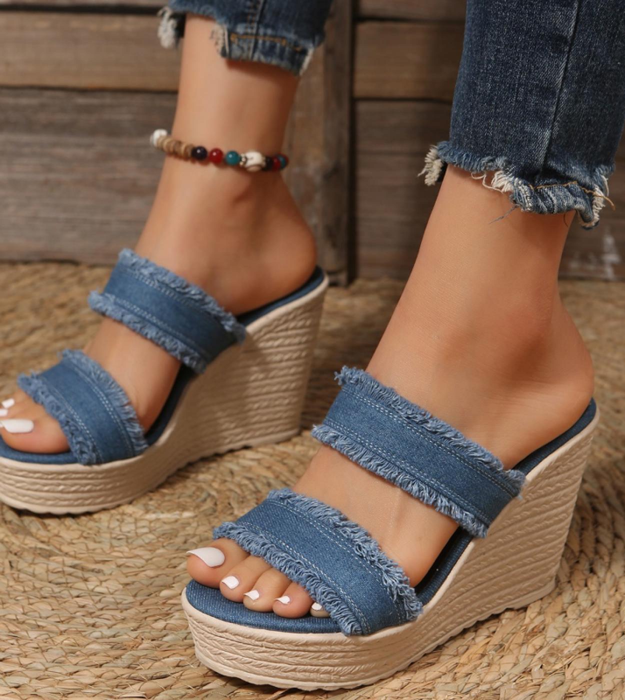 Donne Denim Straw Espadrillas da donna Ciabatte Pantofole Sandali 2023 Slip On Platform Tempo libero Zeppe estive Scarpe con tac
