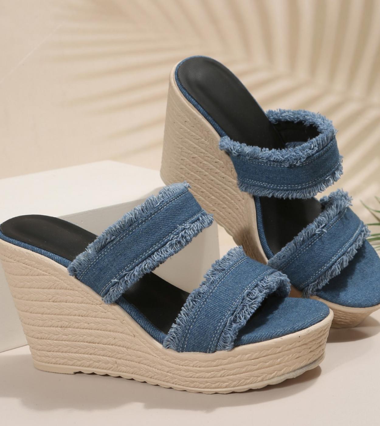 Donne Denim Straw Espadrillas da donna Ciabatte Pantofole Sandali 2023 Slip On Platform Tempo libero Zeppe estive Scarpe con tac