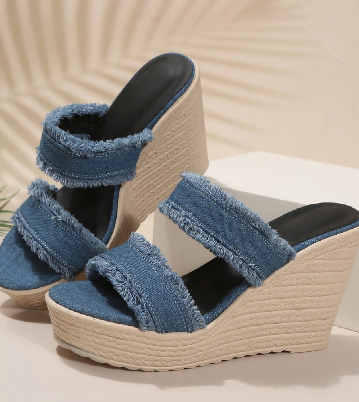Donne Denim Straw Espadrillas da donna Ciabatte Pantofole Sandali 2023 Slip On Platform Tempo libero Zeppe estive Scarpe con tac
