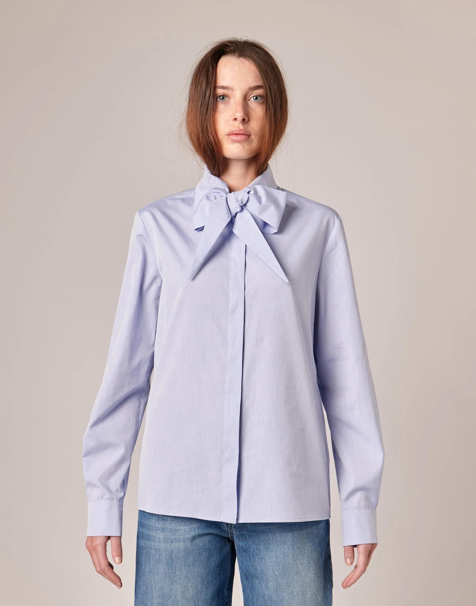 DOUUOD Camicia con Collo a Nastro in Popeline Sky