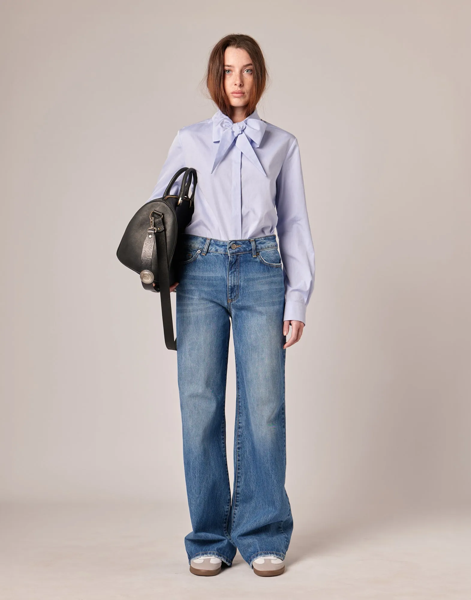 DOUUOD Camicia con Collo a Nastro in Popeline Sky