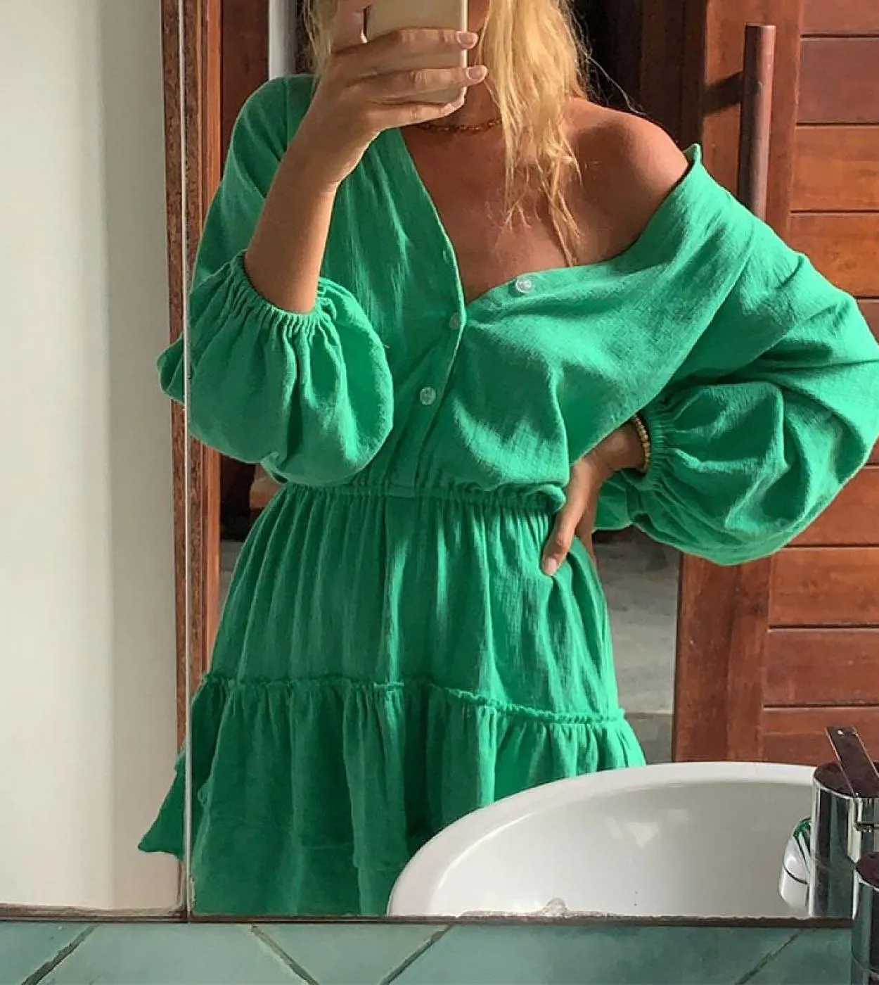 Elegante abito con scollo a V profondo e bottoni solidi A Line 2023 Mini abito casual a maniche lunghe da donna Fashion Cotton L