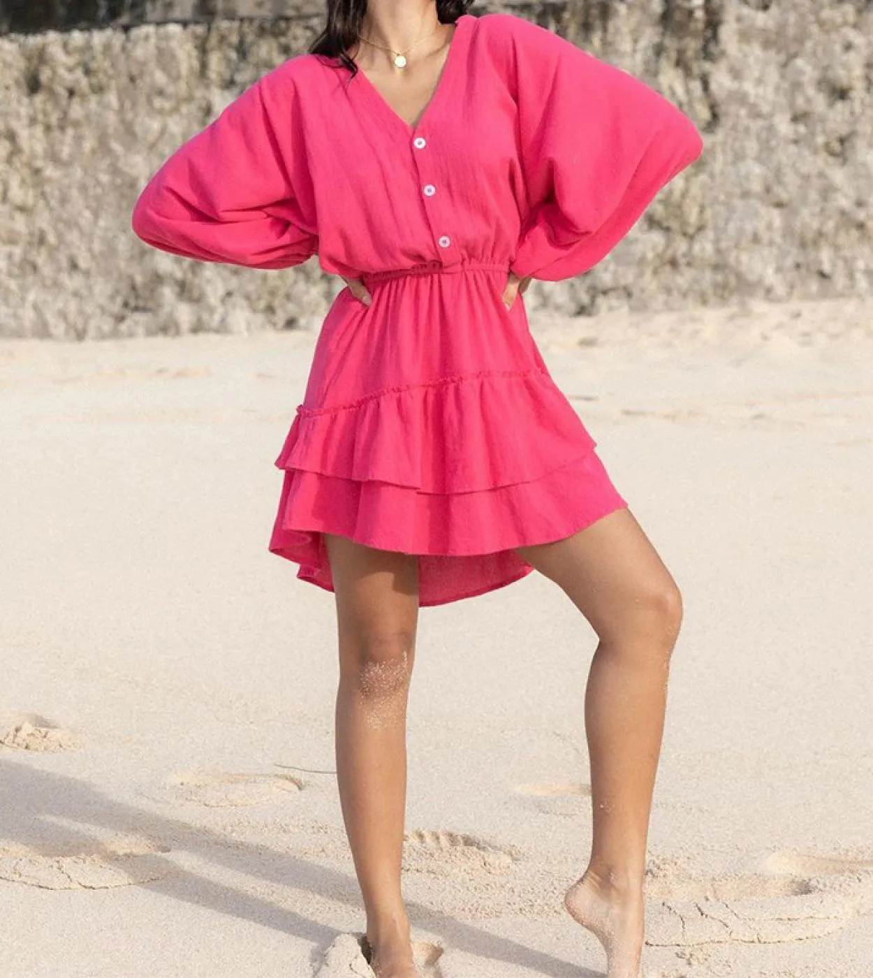 Elegante abito con scollo a V profondo e bottoni solidi A Line 2023 Mini abito casual a maniche lunghe da donna Fashion Cotton L