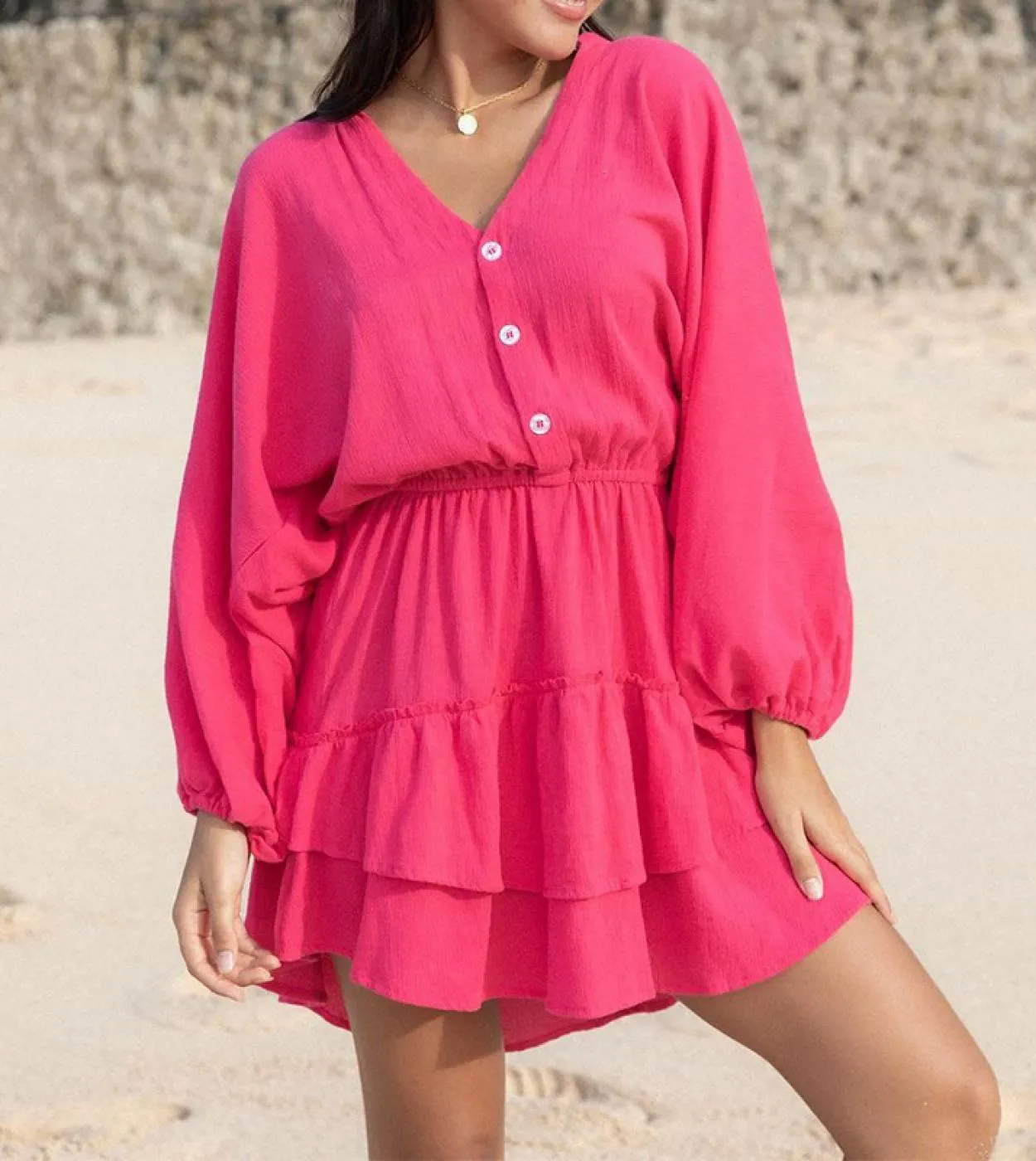 Elegante abito con scollo a V profondo e bottoni solidi A Line 2023 Mini abito casual a maniche lunghe da donna Fashion Cotton L