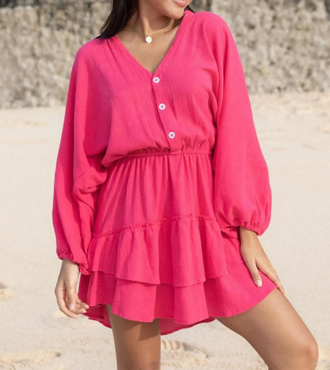 Elegante abito con scollo a V profondo e bottoni solidi A Line 2023 Mini abito casual a maniche lunghe da donna Fashion Cotton L