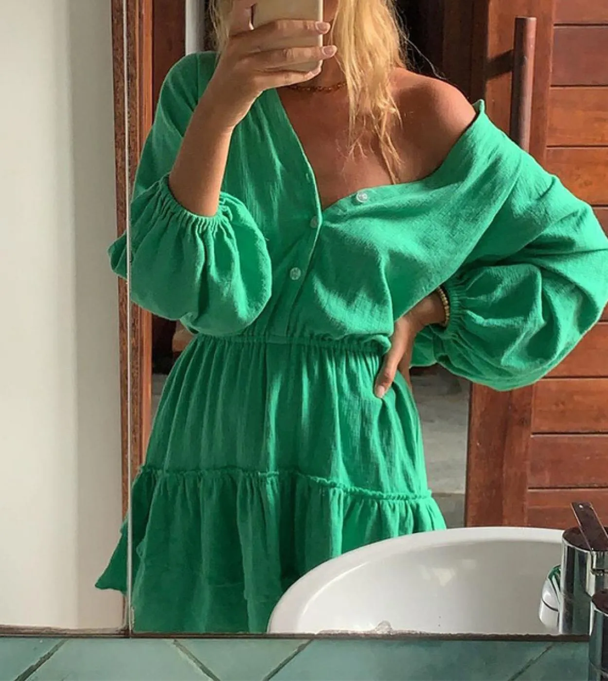 Elegante abito con scollo a V profondo e bottoni solidi A Line 2023 Mini abito casual a maniche lunghe da donna Fashion Cotton L