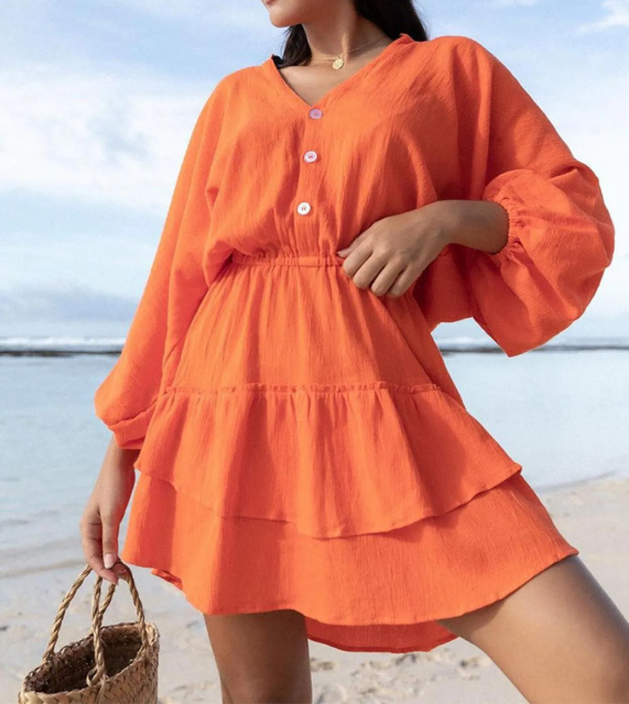 Elegante abito con scollo a V profondo e bottoni solidi A Line 2023 Mini abito casual a maniche lunghe da donna Fashion Cotton L