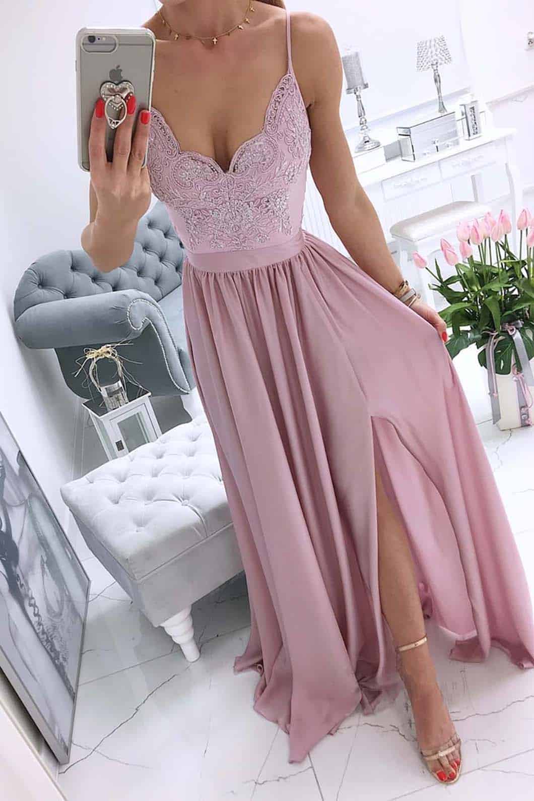 Elegante abito da cerimonia con gonna in raso e corpino ricamato (rosa cipria)