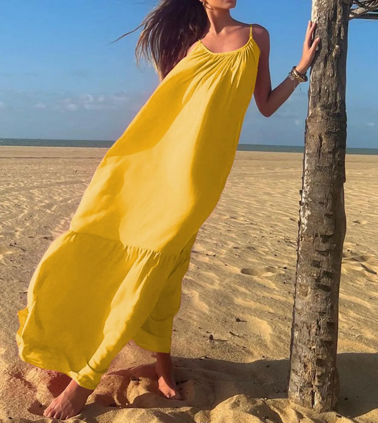 Elegante abito lungo senza maniche con cinturino per spaghetti 2023 Summer Women Casual Loose Beach Dress Backless Pieghettato S
