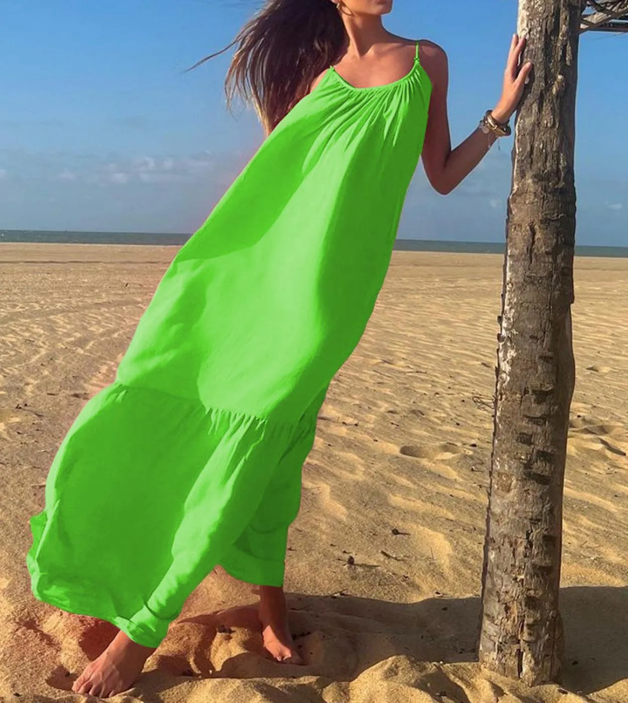 Elegante abito lungo senza maniche con cinturino per spaghetti 2023 Summer Women Casual Loose Beach Dress Backless Pieghettato S