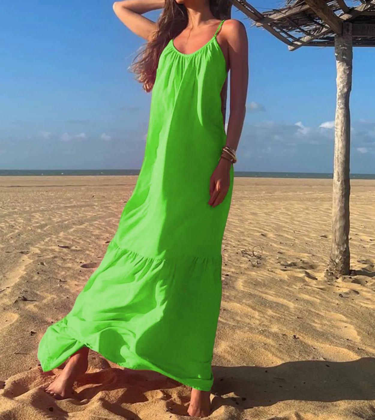 Elegante abito lungo senza maniche con cinturino per spaghetti 2023 Summer Women Casual Loose Beach Dress Backless Pieghettato S