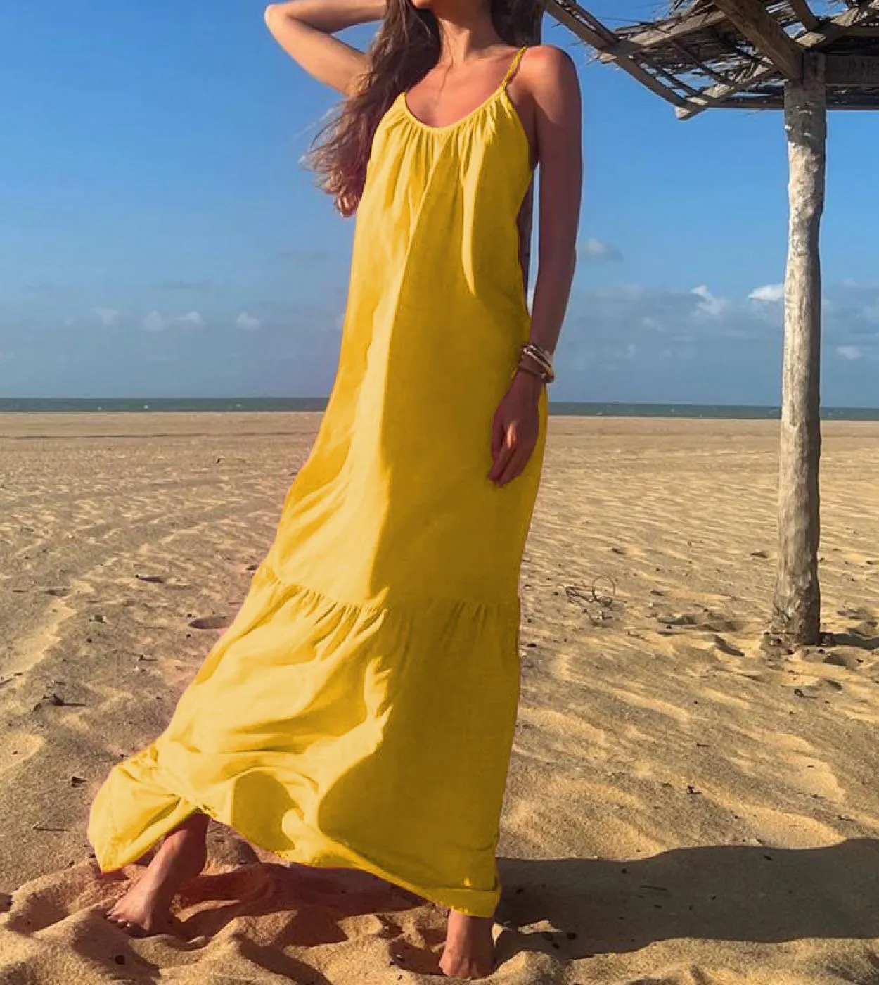 Elegante abito lungo senza maniche con cinturino per spaghetti 2023 Summer Women Casual Loose Beach Dress Backless Pieghettato S