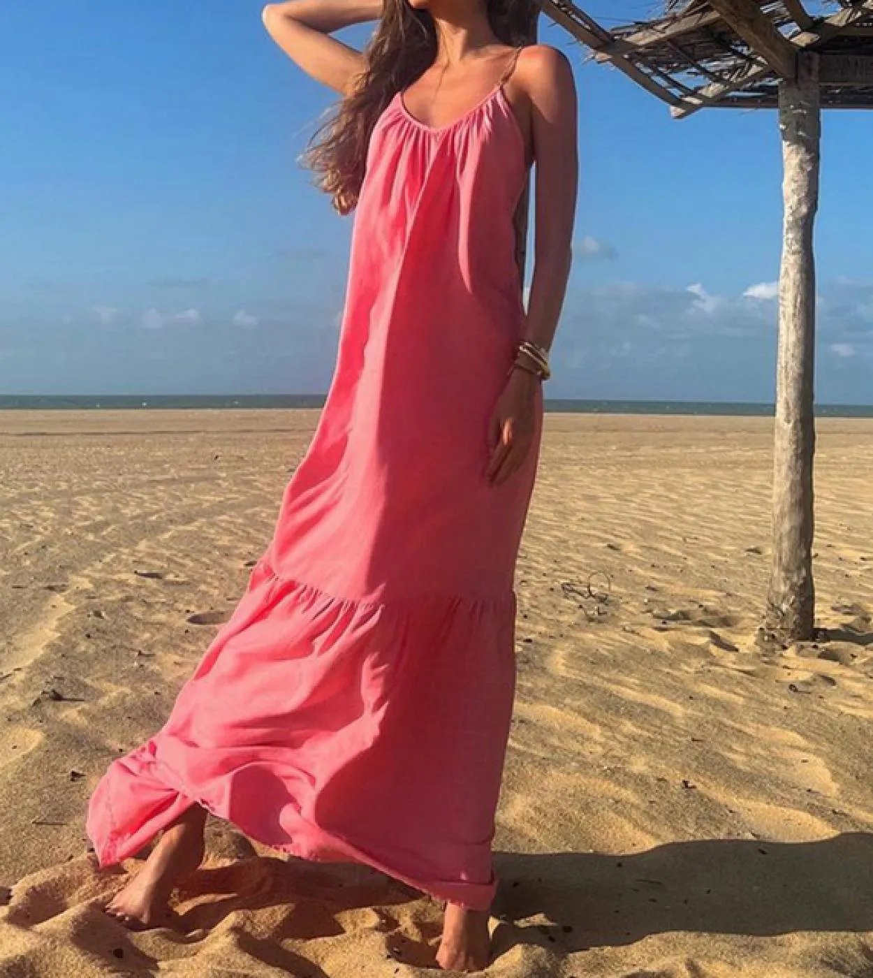 Elegante abito lungo senza maniche con cinturino per spaghetti 2023 Summer Women Casual Loose Beach Dress Backless Pieghettato S