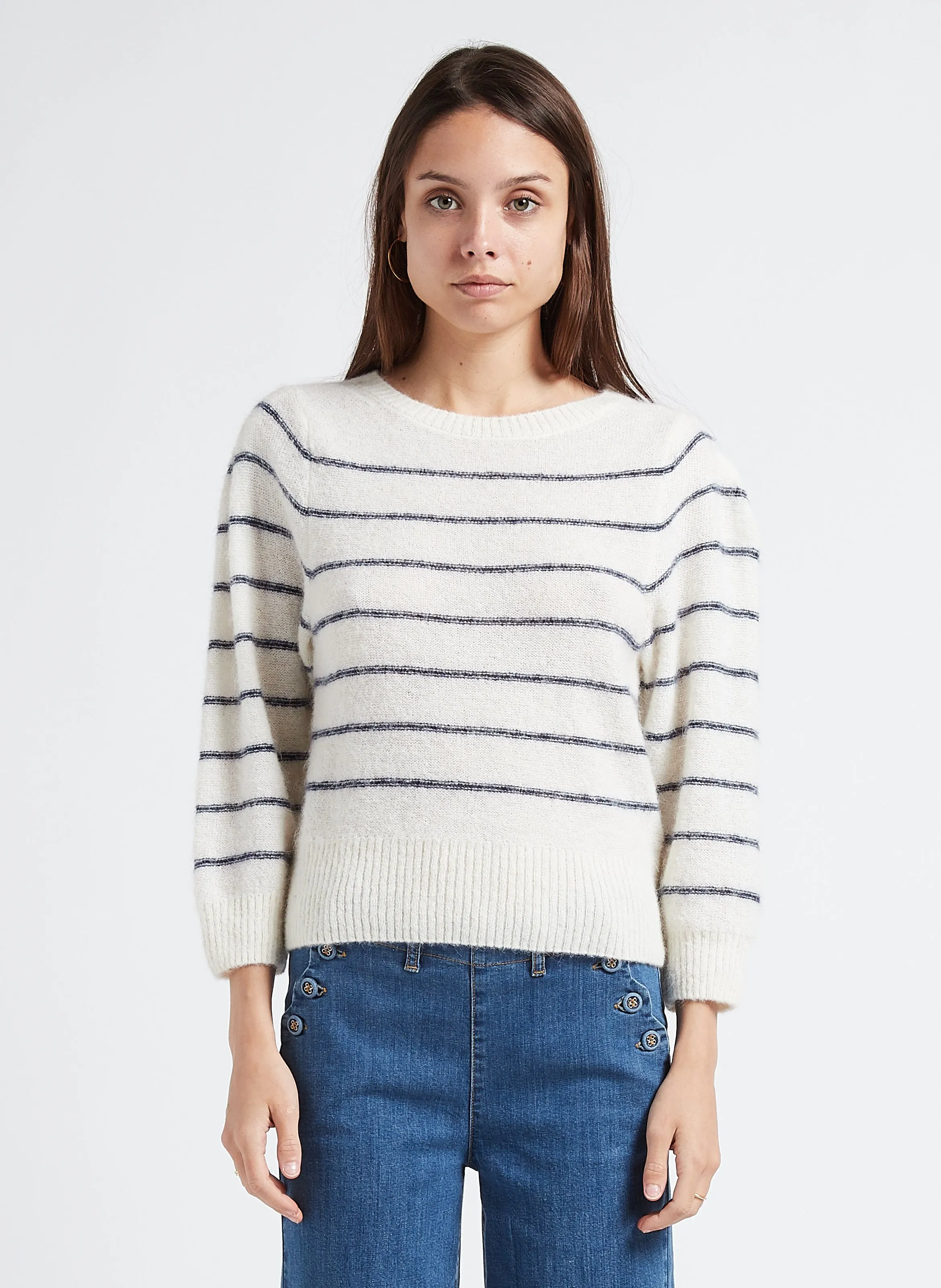  EMILE ET IDA   Maglione scollo tondo a righe in misto alpaca | Bianco