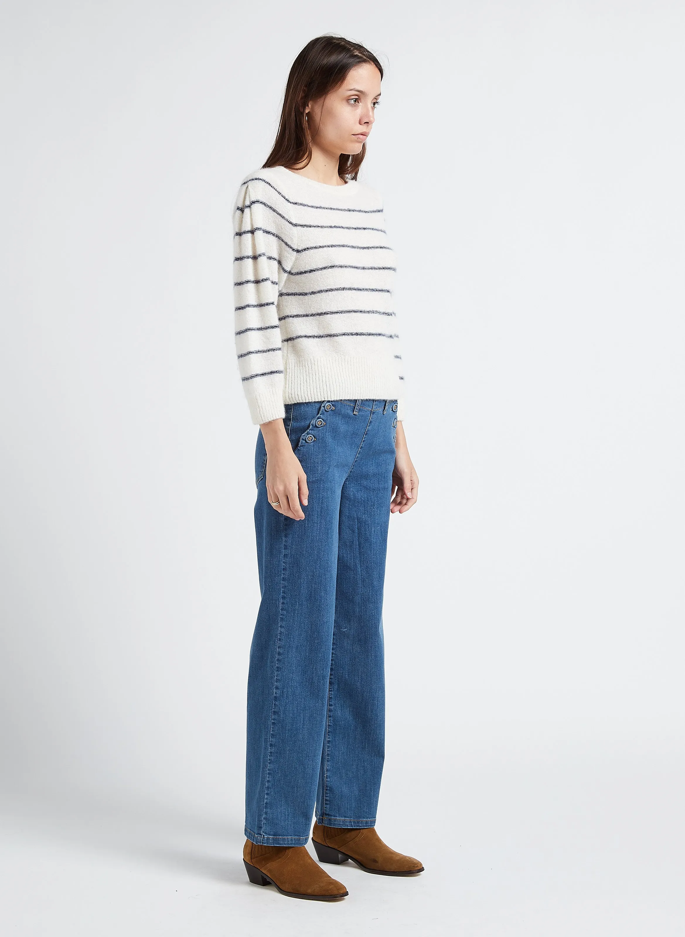  EMILE ET IDA   Maglione scollo tondo a righe in misto alpaca | Bianco
