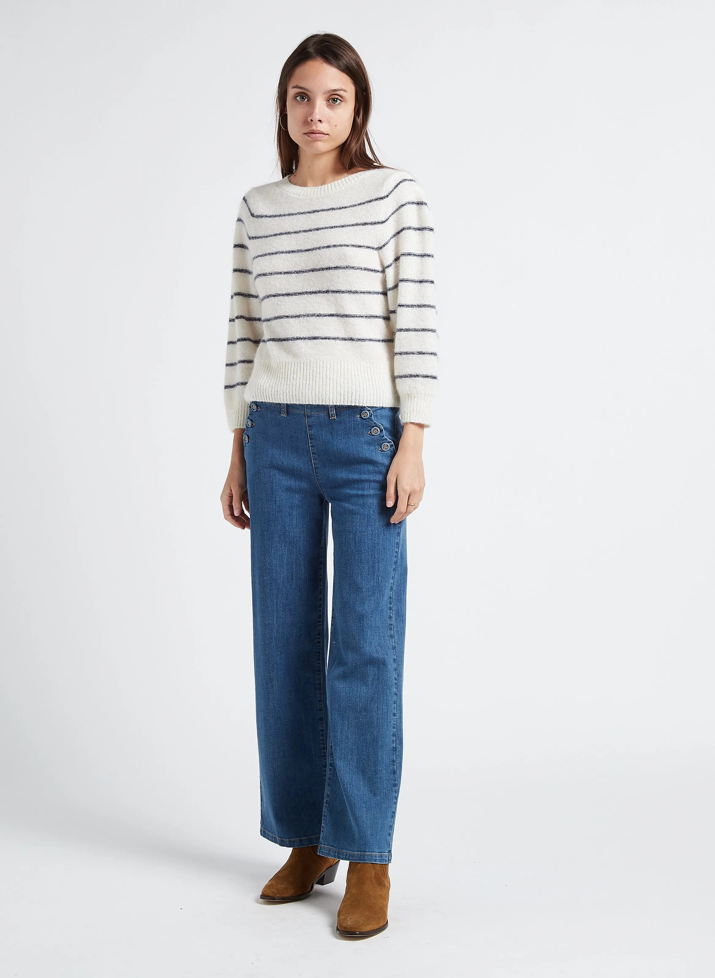  EMILE ET IDA   Maglione scollo tondo a righe in misto alpaca | Bianco