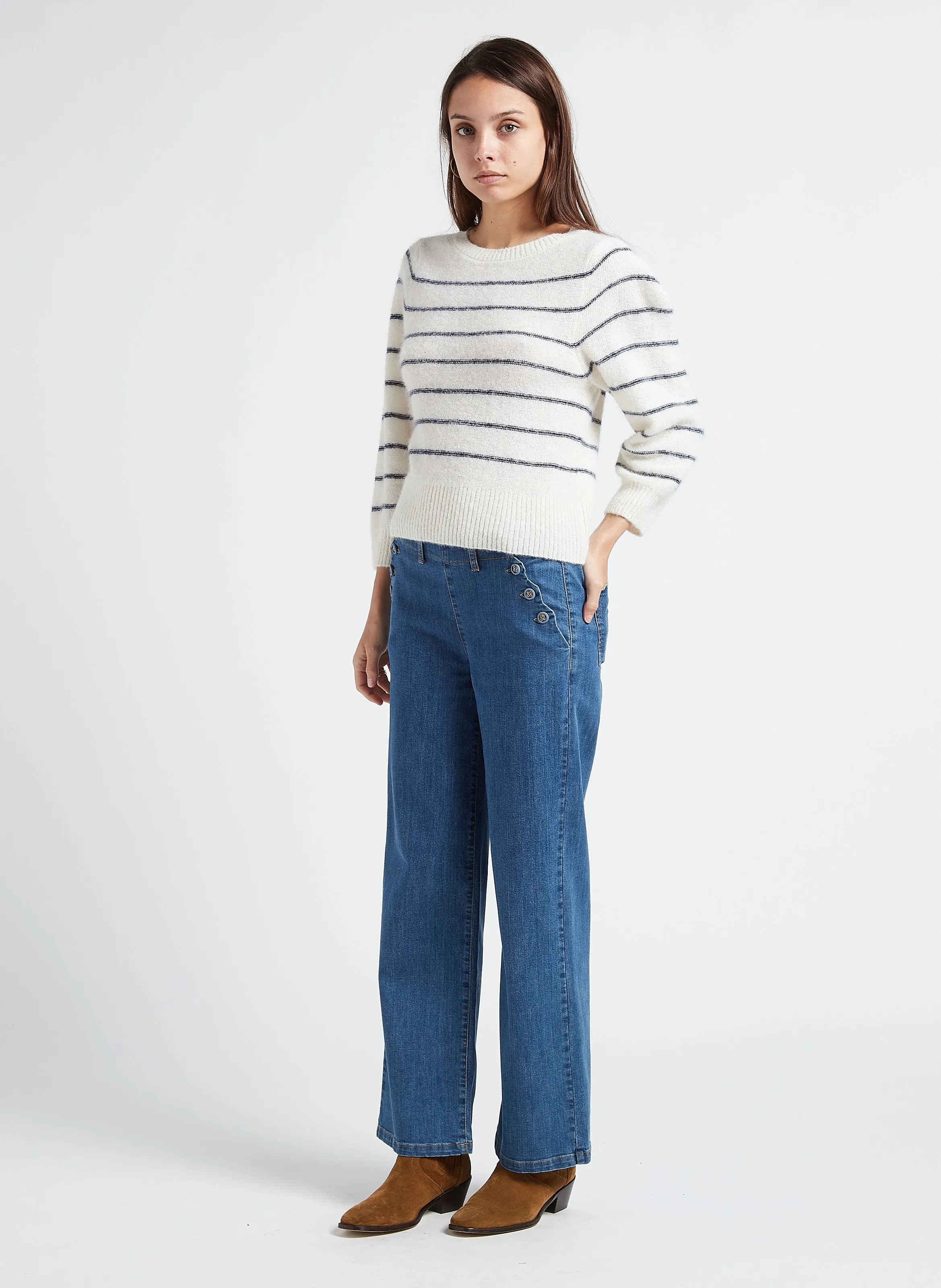  EMILE ET IDA   Maglione scollo tondo a righe in misto alpaca | Bianco