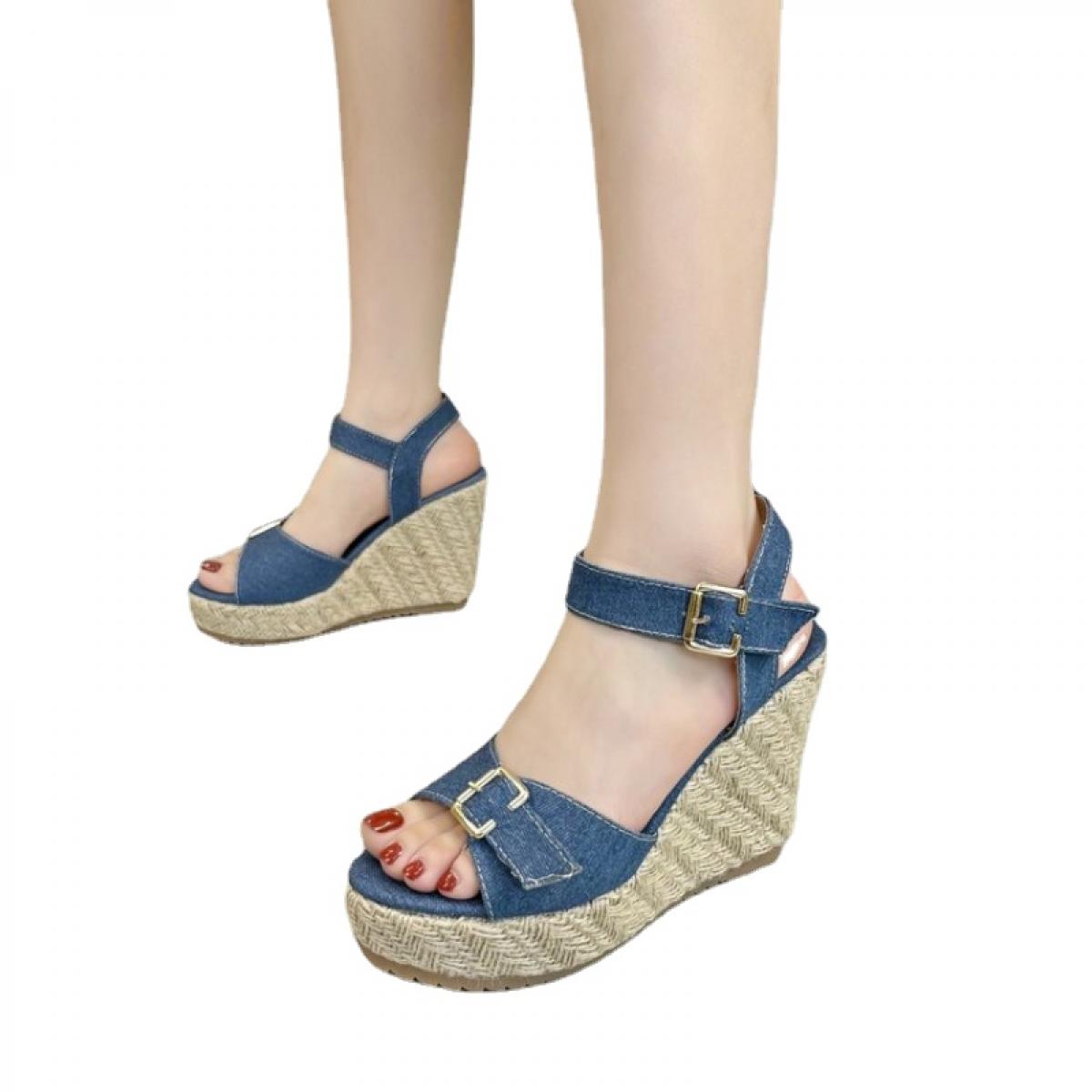 Espadrillas da donna Sandali con punta aperta Zeppe di iuta Cinturini con fibbia in denim Taglie forti 30 48 Nero Blu Tempo libe