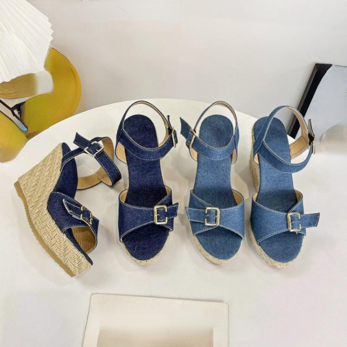 Espadrillas da donna Sandali con punta aperta Zeppe di iuta Cinturini con fibbia in denim Taglie forti 30 48 Nero Blu Tempo libe