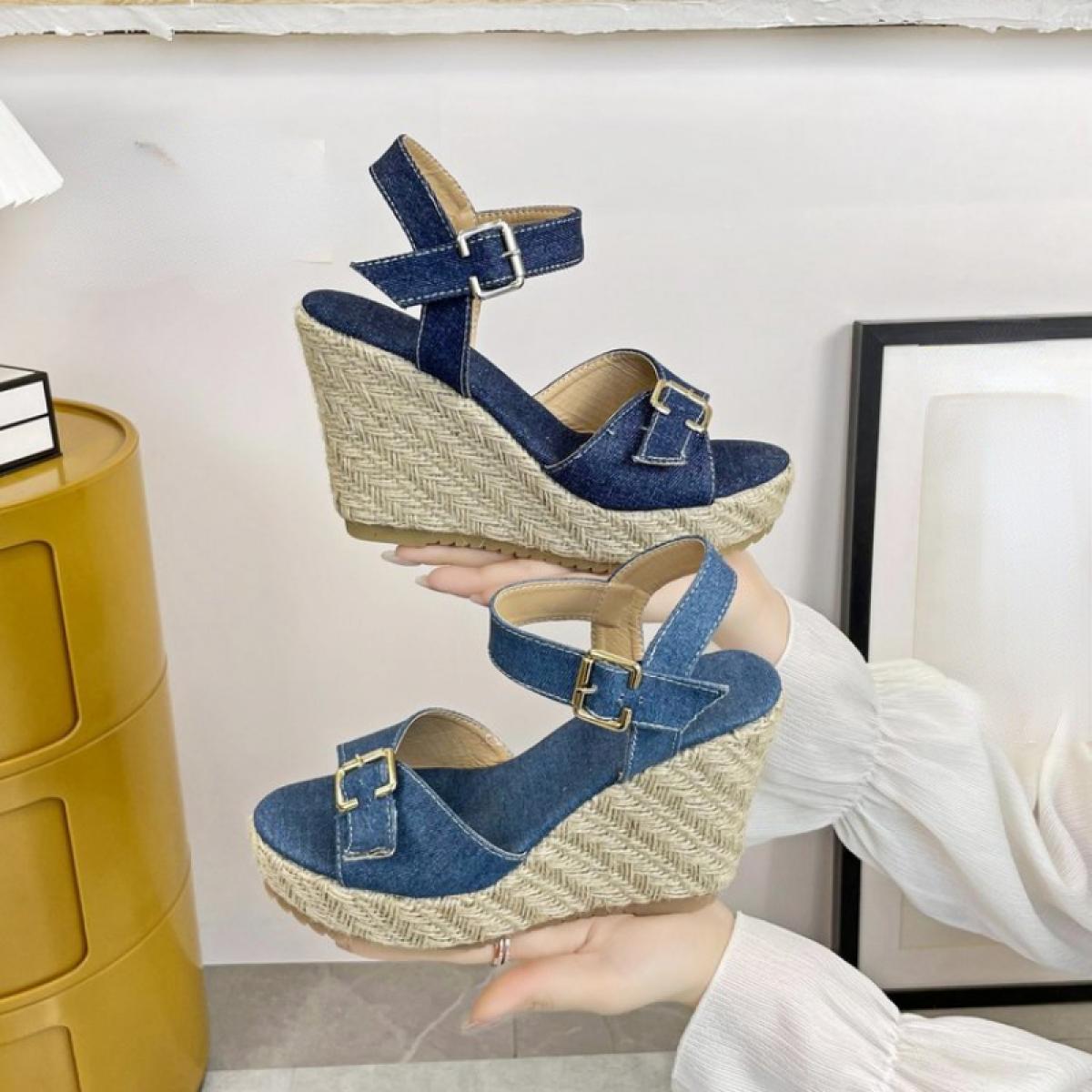 Espadrillas da donna Sandali con punta aperta Zeppe di iuta Cinturini con fibbia in denim Taglie forti 30 48 Nero Blu Tempo libe