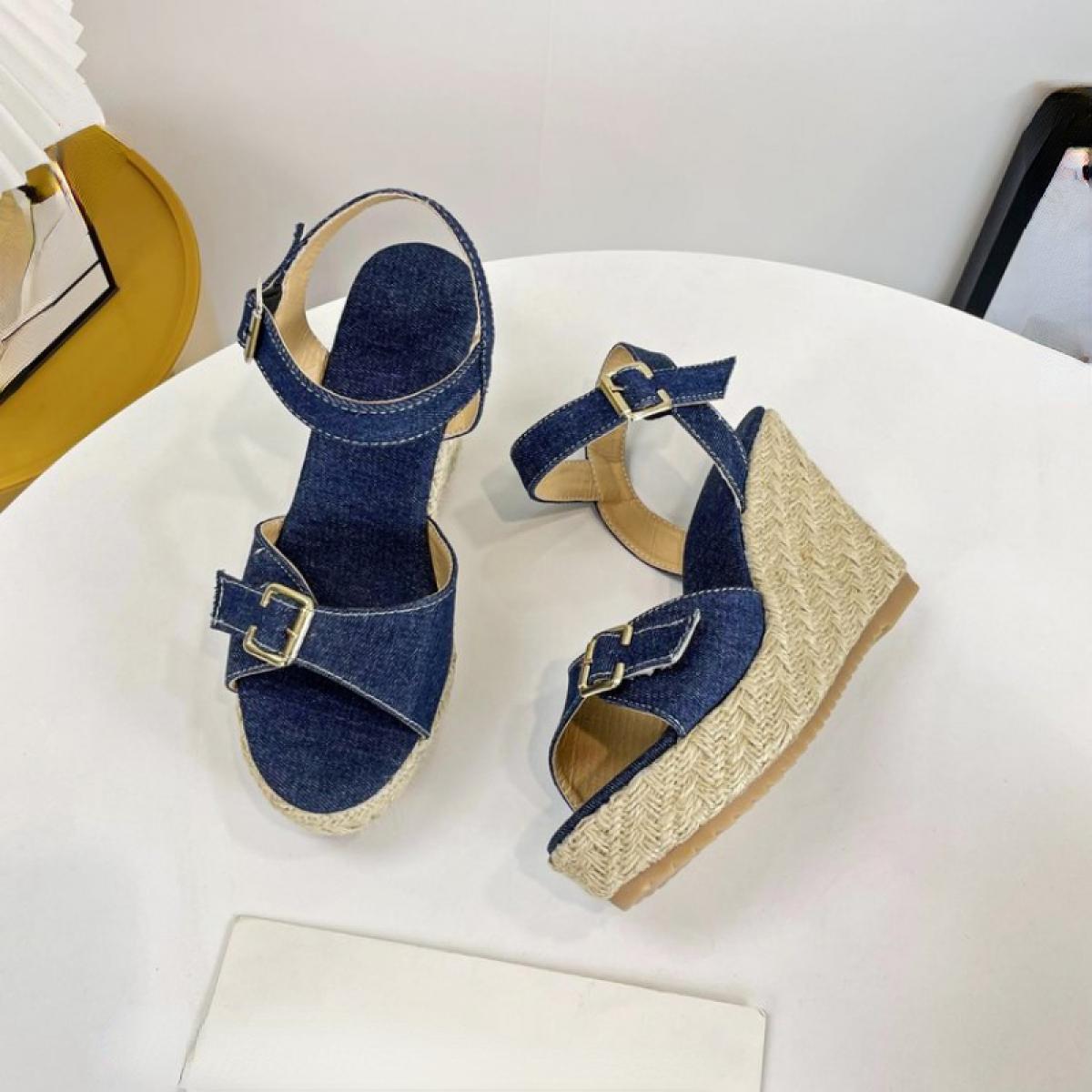 Espadrillas da donna Sandali con punta aperta Zeppe di iuta Cinturini con fibbia in denim Taglie forti 30 48 Nero Blu Tempo libe