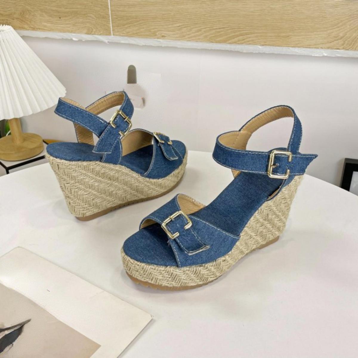 Espadrillas da donna Sandali con punta aperta Zeppe di iuta Cinturini con fibbia in denim Taglie forti 30 48 Nero Blu Tempo libe