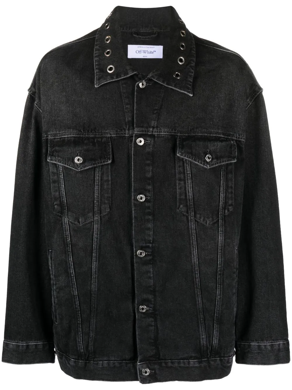 giacca denim nera con occhielli