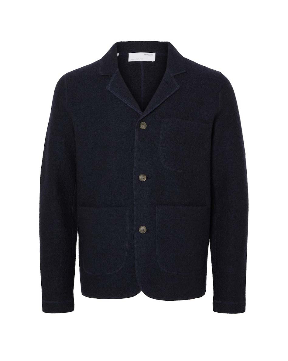 Giacca maglia blu in pura lana bouclè