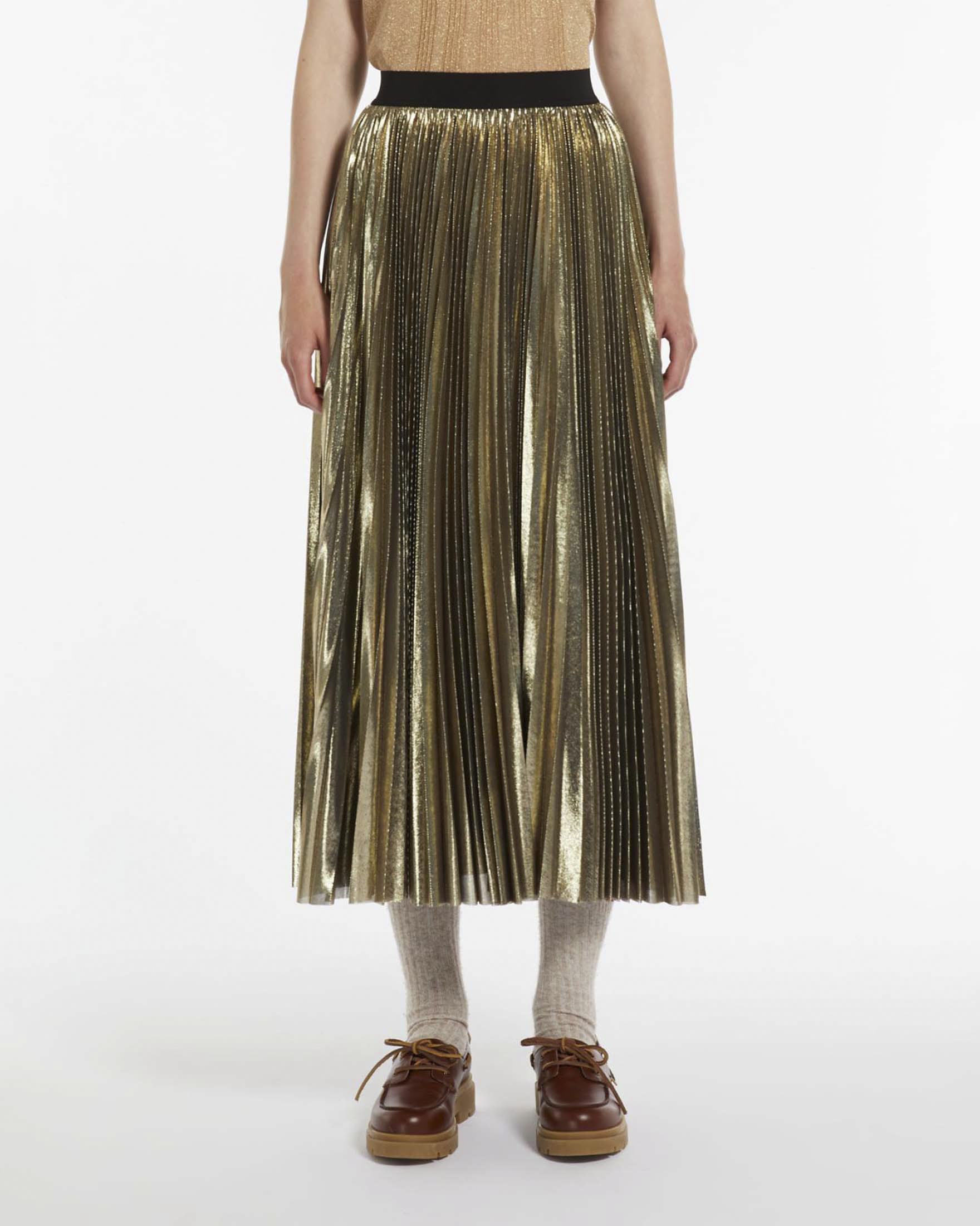 Gonna midi plissettata color oro metallizzata con fascia elasticizzata in vita
